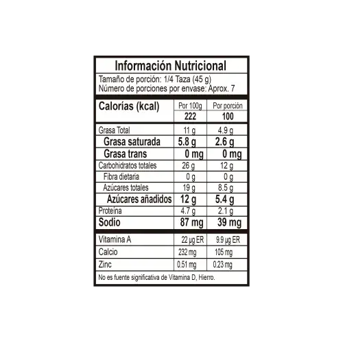 Tabla nutricional vainilla chips Crem Helado