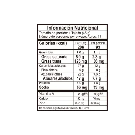 Tabla nutricional postre provocación vainilla arequipe
