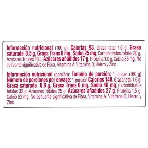 Tabla nutricional vaso aloha sabor a kola