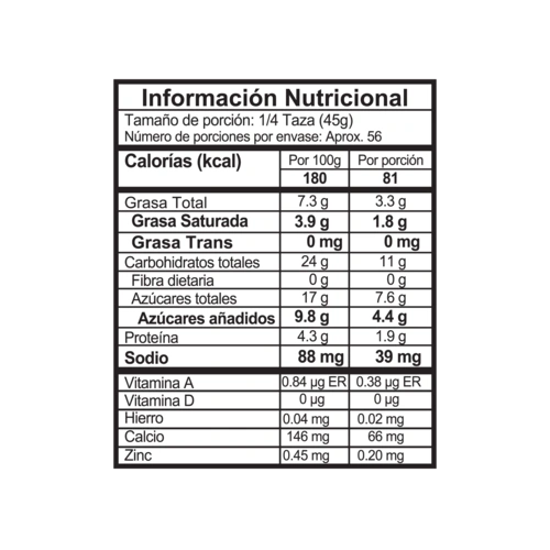 Tabla nutricional vainilla