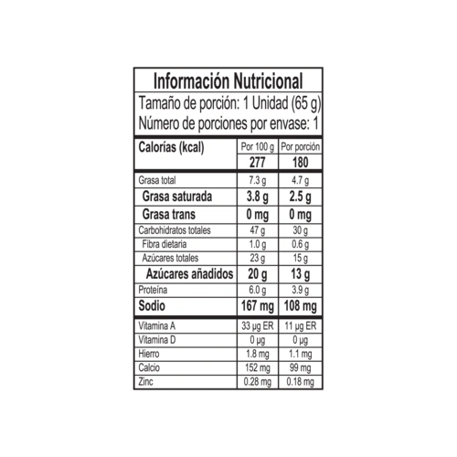 Tabla nutricional galleta con helado de arequipe