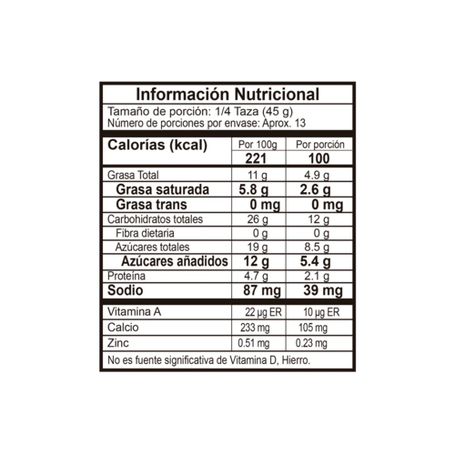 Tabla nutricional litro de helado vainilla chips