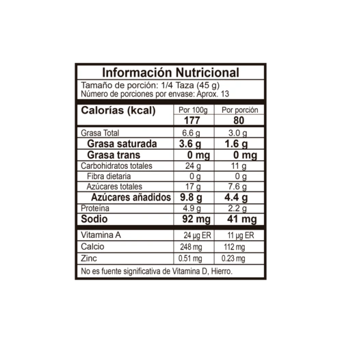 Tabla nutricional vainilla