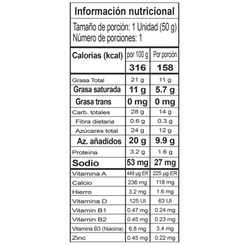 Tabla nutricional paleta chocolisto