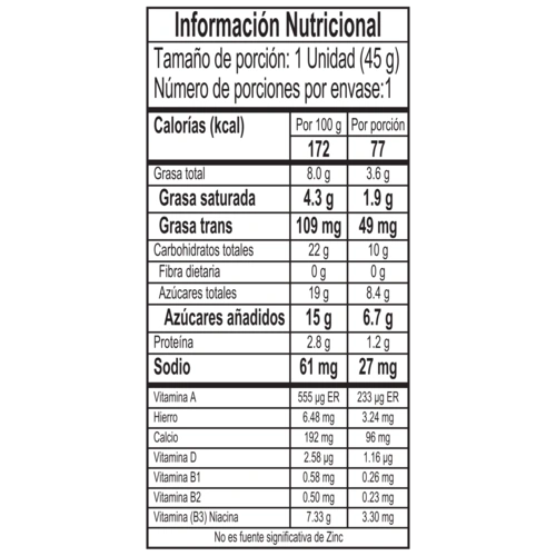 Tabla nutricional chocolisto vainilla